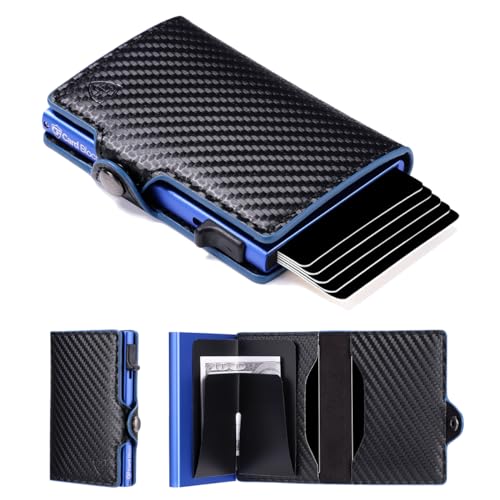 Card Blocr Pop Up Credit Card Wallet, RFID Blocking Credit Card Holder for men, Cool Wallets for Men in Carbon Wallet Design, Compact Card Holder Wallet for Secure Storage (Blue Carbon Fiber)