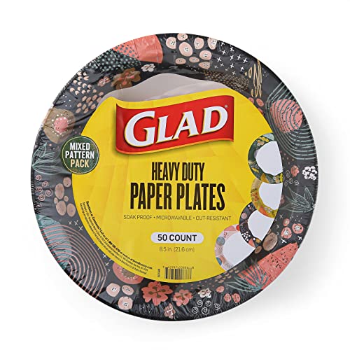 Glad Everyday Round Paper Plates with Abstract Floral Design 4 Different Patterns, 50ct Mixed Disposable Plates | Heavy Duty Soak Proof, Cut-Resistant, Microwavable Paper Plates, Floral Dinner Plates