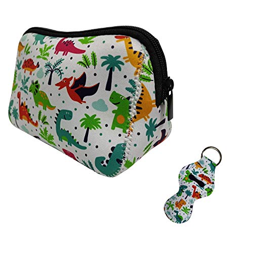 AJLTPA Dinosaur Cosmetic Bag Waterproof Neoprene Zipper Travel Portable Toiletry Makeup Bags Organizer Case With Chapstick Holder Keychain For Women Girl Mom