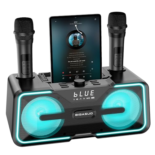 BIGASUO Karaoke Machine for Adults Kids with 2 UHF Wireless Microphones, Portable Bluetooth Singing PA Speaker System with LED Lights for Home Party, Wedding, Church, Picnic, Outdoor/Indoor