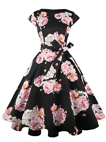 PUKAVT Women's 1950 Boatneck Cap Sleeve Vintage Swing Cocktail Party Dress with Pockets Black Pink Flower 2XL