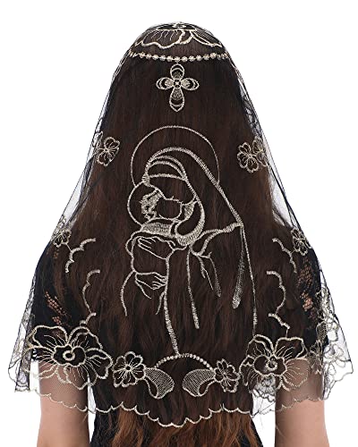 Bozidol D-shape Mantilla Church Veil - Women's Vintage Veil with Madonna and Child Embroidery