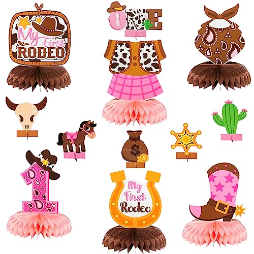 ANGOLIO 12Pieces My First Rodeo Cowgirl Decorations Cowgirl Themed Honeycomb Table Decor Pink Cow Paper Honeycomb Centerpieces Western Theme Party Pink Little Cowgirl Party Table Decoration
