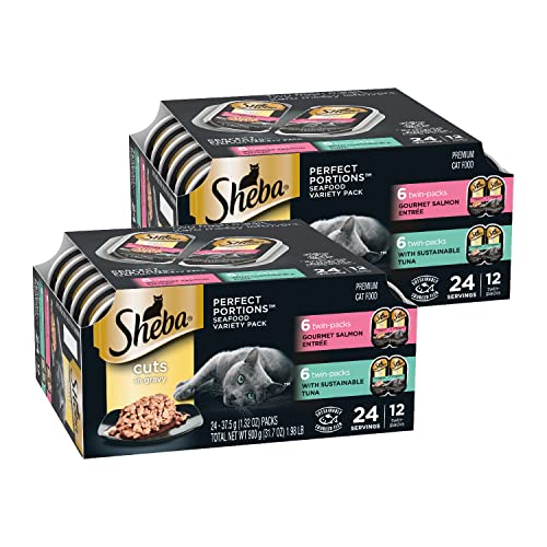 SHEBA PERFECT PORTIONS Cuts in Gravy Adult Wet Cat Food Trays (24 Count, 48 Servings), Gourmet Salmon & Sustainable Tuna, Easy Peel Twin-Pack Trays