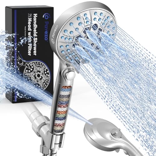 Pavezo High Pressure Handheld Shower Head with Filter, ON/OFF Switch Pause Button, 10-mode Shower Head with Hard Water Softener Filters, SS Hose, Anti-clog & Powerful Clean Tile & Pets, Premium Chrome