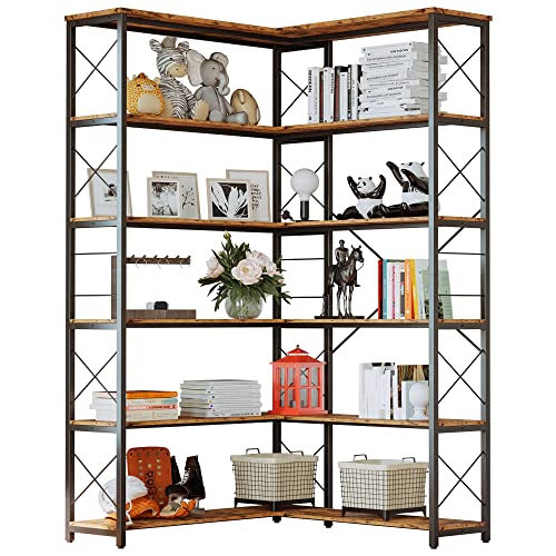 IRONCK 6-Shelf Corner Bookcase, Vintage Industrial Corner Bookshelf Etagere Bookcase, 6 Tier Corner Shelf Storage Rack with Metal Frame for Living Room Home Office