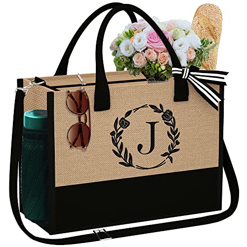 YOOLIFE Birthday Gifts for Women - Initail J Jute Tote Bag Bridal Shower Wedding Gifts Embroidery Monogram Beach Tote Bag for Wife Friend Sister Mom Graduation Gifts Birthday Gifts for Women Teacher