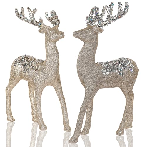 Juegoal Christmas Tabletop Decorations, Set of 2 Glitter Reindeer Figurines, 12.6' Standing Xmas Elk Table Ornaments, Foam Deer Dinner Holiday Party Supplies Winter Mantle Shelf Centerpieces Decor