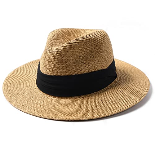 FURTALK Panama Hat Sun Hats for Women Men Wide Brim Fedora Straw Beach Hat UV UPF 50 Brown