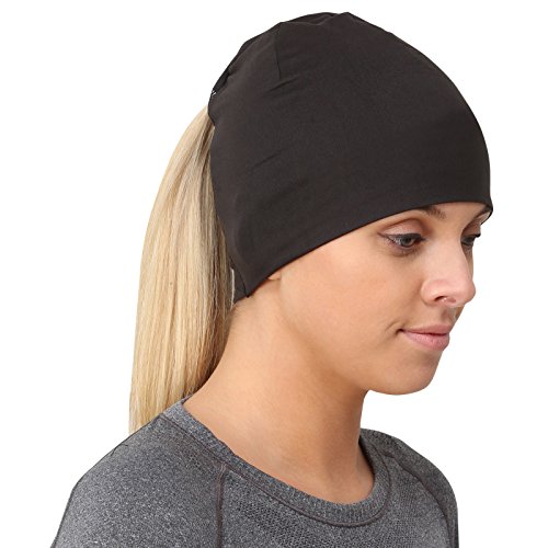 TrailHeads Ponytail Hat - Adrenaline Series | Women’s Running Beanie with Reflective Accents | Black Skull Cap - Black