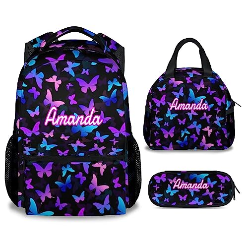 GIHSWE Custom Butterfly Backpack with Lunch Box, Personalized Set of 3 School Backpacks Matching Combo, Cute Lightweight Purple Bookbag and Pencil Case Bundle
