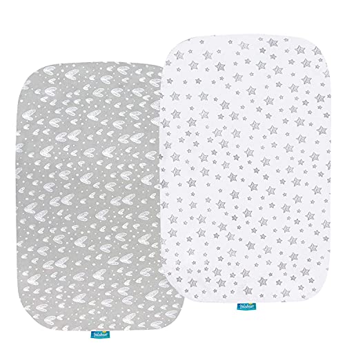 Bassinet Sheets Compatible with Arm's Reach Co-Sleeper Bassinet, 2 Pack, 100% Jersey Knit Cotton Fitted Sheets, Breathable and Heavenly Soft, Grey and White Print for Baby