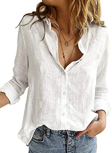 Astylish Women Fashion Clothing Long Sleeve Button Up Linen Shirts Business Casual Clothes White X-Large