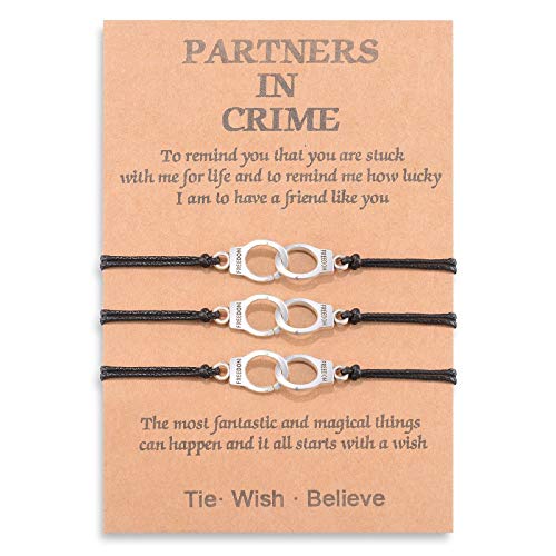 YELUWA Partners in Crime Bracelets for 3 Best Friend Handcuff BFF Bracelet for Women Teen Girls Men Boys Friend Girlfriend Couple Sisters Family Distance Matching Gift for Graduation Birthday