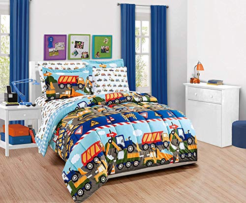 Mk Home 7pc Queen Comforter and Sheet Set Teens/Boys Construction Trucks Tractors Blue Red Yellow New