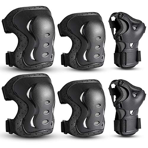 Kids/Youth/Adult Knee Pads Elbow Pads with Wrist Guards Protective Gear Set 6 Pack for Rollerblading Skateboard Cycling Skating Bike Scooter Riding Sports (Black, L/ 14 Years- Adults)…