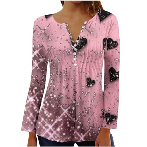 21st Birthday Gifts for Her Womens Tops Spring Summer 2024 Casual Dressy Love Heart Printed V Neck T Shirts Trendy 3/4 Sleeve Button Down Pleated Blouse