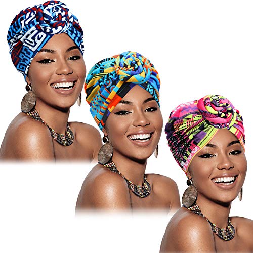 SATINIOR 3 Pieces African Turban for Women Knot Pre-Tied Bonnet Beanie Cap Headwrap (Blue Green Pink Geometry)