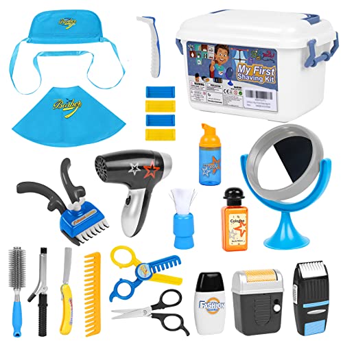 Gifts2U My First Shaving Kit for Boys, 22 Pcs Kids Barber Set Toy Pretend Play Hair Salon Playset with Shaver, Blow Dryer, Scissors, Razors & Styling Shawls Costume for Kids Ages 3 Years and up