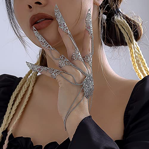 Octwine Pack of 1 Punk Ancient Queen Finger Nails Tip Claw Bracelet Belly Dance Hand Chain Cosplay Costume Jewelry for Women and Girls(Silver)
