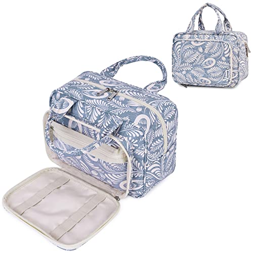 Narwey Full Size Toiletry Bag Women Large Makeup Bag Organizer Travel Cosmetic Bag for Essentials Accessories (Blue Leaf)