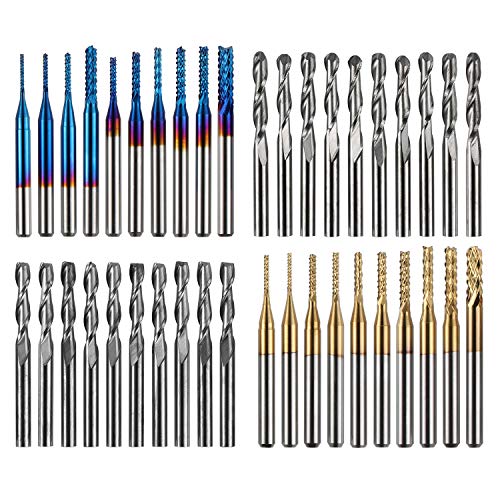 Genmitsu 40pcs End Mills CNC Router Bits, 1/8' Shank CNC Cutter Milling Carving Bit Set Including 2-Flute Flat Nose & Ball Nose, Nano Blue Coat & Titanium Coat, MC40A