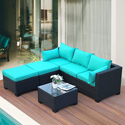 Rattaner Outdoor PE Wicker Sofa Set 4-Piece 6-Seater Patio Garden Sectional Turquoise Cushions Seat Furniture Set, 2 L-Shaped Loveseats and Ottomans, Multi-Purpose Tempered Glass Coffee Table