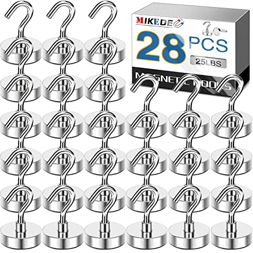 MIKEDE 28LB Magnetic Hooks, N52 Strong Neodymium Magnets Hooks for Hanging, Earth Magnetic Hooks Heavy Duty for Refrigerator, Extra Cruise Hooks for Kitchen, Classroom, Workplace, Grill - 28PCS