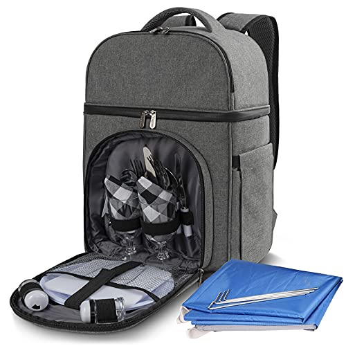 Vogano Picnic Backpack Insulated Bag for 2 Person with Cooler Compartment,with Blanket,Plates and Cutlery Set,for Camping Beach