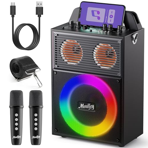 Moukey Karaoke Machine for Adults Kids Portable PA System Bluetooth Karaoke Speaker with 2 Wireless Microphones Party Speaker with Disco Light TWS/AUX/USB/TF/FM Echo/Treble/Bass Adjustment - MPS4 Gray