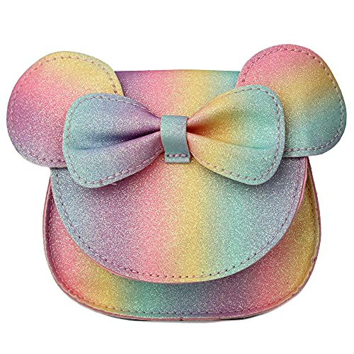 Ondeam Little Mouse Ear Bow Crossbody Purse,PU Shoulder Handbag for Kids Girls Toddlers(Rainbow Pink)
