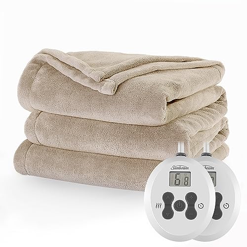 Sunbeam Royal Luxe Microplush Heated Electric Blanket Queen Size, 90' x 84', 12 Heat Settings, 12-Hour Selectable Auto Shut-Off, Fast Heating, Machine Washable, Warm and Cozy, Mushroom