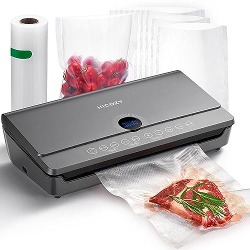HiCOZY Vacuum Sealer Machine, Food Vacuum Sealer with Built-in Cutter and Bag Storage, Air Sealer Machine for Sous Vide and Food Storage with 10 BPA Free Vacuum Sealer Bag, 1 Roller Bag, Space Gray