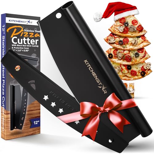 KitchenStar Pizza Cutter Rocker 12 inch - Stainless Steel Pizza Slicer Knife - Black NonStick Sharp Knife with Blade Cover - Pizza Making Tools & Oven Accessories - Dishwasher Safe