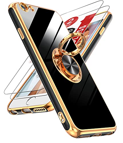 LeYi for iPhone 6 Case, iPhone 6s Case with Tempered Glass Screen Protector [2 Pack] 360° Rotatable Ring Holder Magnetic Kickstand, Plating Rose Gold Edge Protective iPhone 6 Case, Black