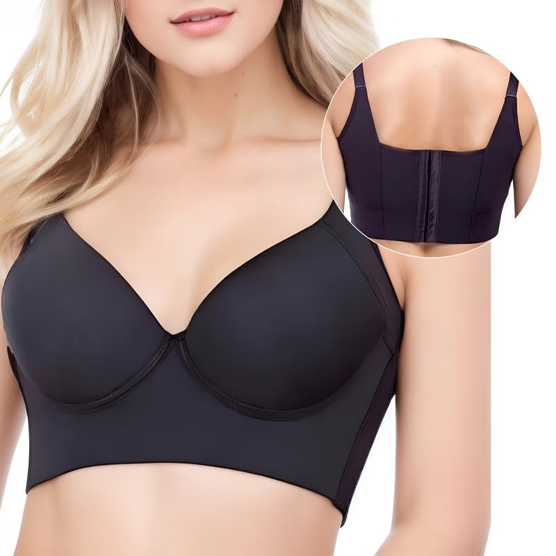 Women's Filifit Sculpting Uplift Bra Fashion Deep Cup Bra Full Back Coverage Hide Fat Smooth Bra Black