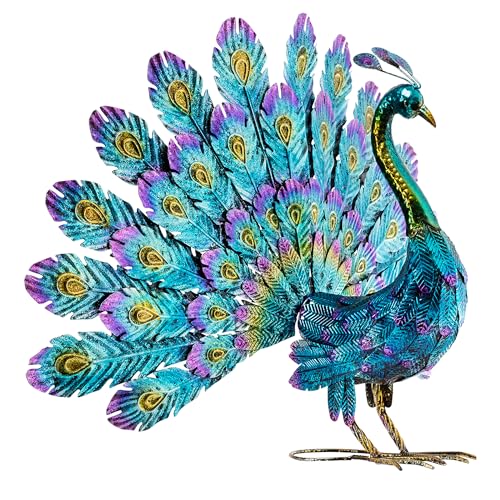 Alpine Corporation 23' Tall Outdoor Metallic Peacock Tail Spread Yard Statue Decoration, Multicolor