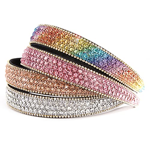 Wecoe 4 Pack Rhinestone Headbands Girls Women Fashion Glitter Sparkly Diamond Headbands Flower Girls Homecoming Hair Accessories Women Girls Birthday Gifts (Pink, Coffee, Silver, Rainbow Color)