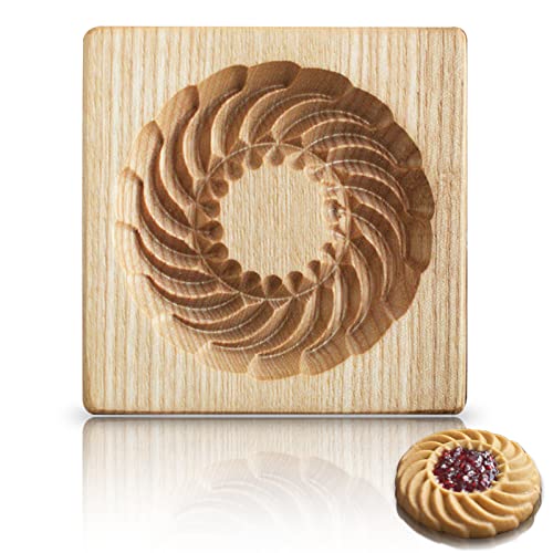 Wooden Cookie Mold and Biscuit Stamp, 3D Embossing Tool for Baking Cookies, Personalized Hand-Pressed Design Cookie Presses Stamps, Wooden Mold for Christmas, Halloween and Thanksgiving Baking (Round)