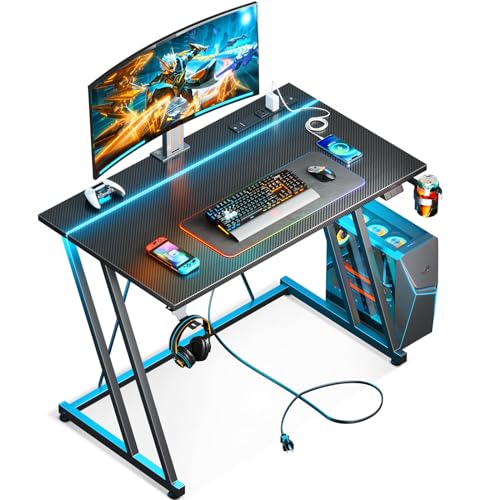 MOTPK Small Gaming Desk with LED Lights & Power Outlet, Computer Desk 31.5inch for Small Space, Cheap Gaming Table with Carbon Fiber Texture, Kids Desk Gift for Boys Men, Black
