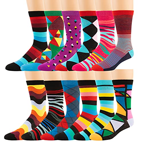 ZEKE Men's Pattern Dress Funky Fun Colorful Crew Socks 12 Assorted Patterns (Variation B, 12-16)