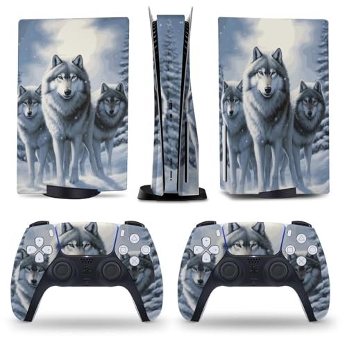 AoHanan Painting Wolf Snow 5 Skin Console and Controller Accessories Cover Skins Anime Vinyl Cover Sticker Full Set for 5 Disc Edition