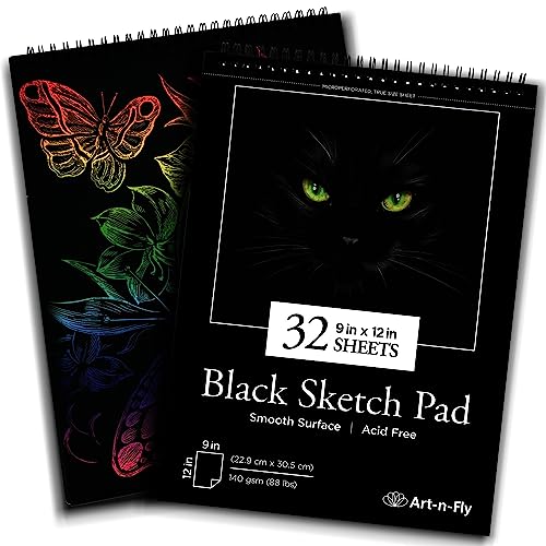 Art-N-Fly 32 Sheets Black Sketch Pad 9x12' - Black Sketchbook Drawing Paper, Perforated Edge on Spiral Bound 88 LB - Art Black Sketch Book for Colored Pencils, Graphite, Charcoal, Pastels & Gel Pens