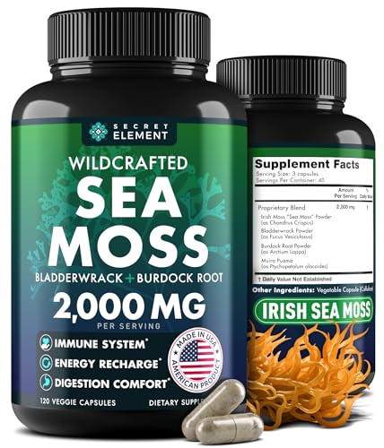 Sea Moss Capsules - Irish Sea Moss Advanced with Burdock Root, Bladderwrack & Muira Puama for Immunity, Gut, & Energy - Superfood Sea Moss Supplements w/Raw Sea Moss Powder - 120 Irish Seamoss Pills