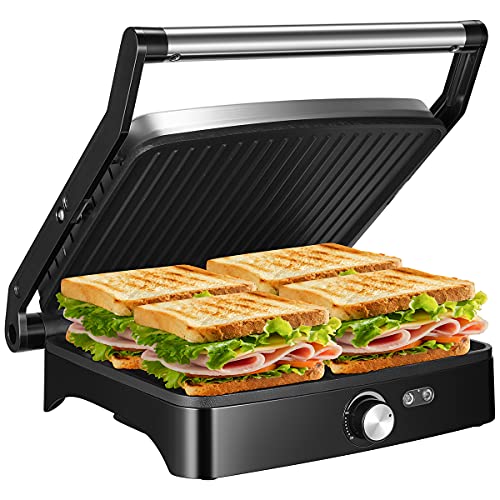 OSTBA Panini Press Grill Indoor Sandwich Maker with Temperature Setting, 4 Slice Large Non-stick Versatile Grill, Opens 180 Degrees to Fit Any Type or Size of Food, Removable Drip Tray, 1200W