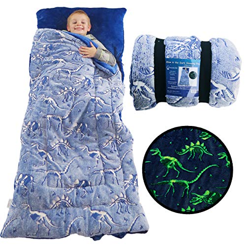 Dinosaur Sleeping Bag Glow in The Dark Dino Slumber Bag for Boys - Plush Glowing T-Rex Nap Mat for Kids- Luminescent Blue Large 66in x 30in Warm Durable Sleeping Blanket Pad for Girls - Dinosaur Gift…