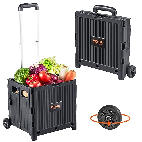 VEVOR Foldable Utility Cart 80 lbs Static Load Capacity, Folding Portable Rolling Crate Handcart with Durable Heavy Duty Telescoping Handle and 2 Wheels for Travel Shopping Moving Luggage Use, Black