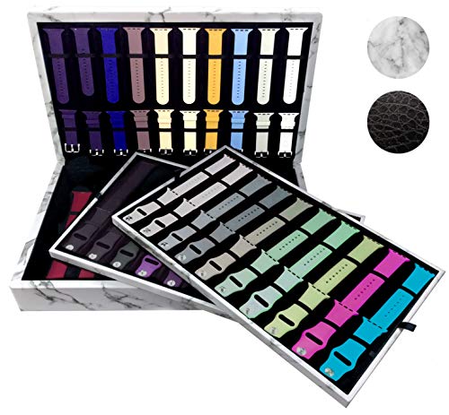 Zero Mass Luxury Storage Case Organizer for Apple Watch Bands (Multi-Tray, Velvet & Leatherette, Stores 40-80 Bands) (White Marble) …