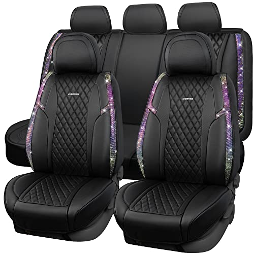 CAR PASS Iridescent Diamond &NAPPA Calfskin Leather Cushioned,Bling Seat Covers,Waterproof Heavy-Duty Anti-Slip,Universal Fit for Auto SUV Sedan,Sparkly Glitter Shining Rhinestone Full Set, Multicolor