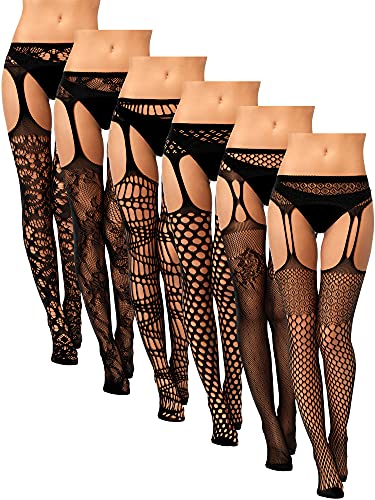 6 Pairs Women Fishnet Thigh High Stockings Suspender Pantyhose Lingerie Garter Belts Tights for Women Girls (Black,Medium-Large)